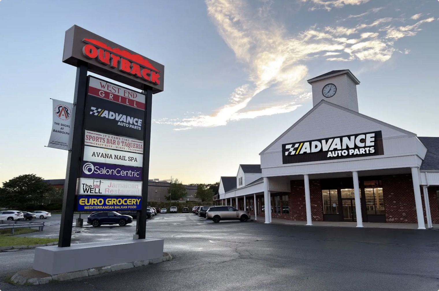 Open-air plaza and tenant frontage at The Shops at Randolph